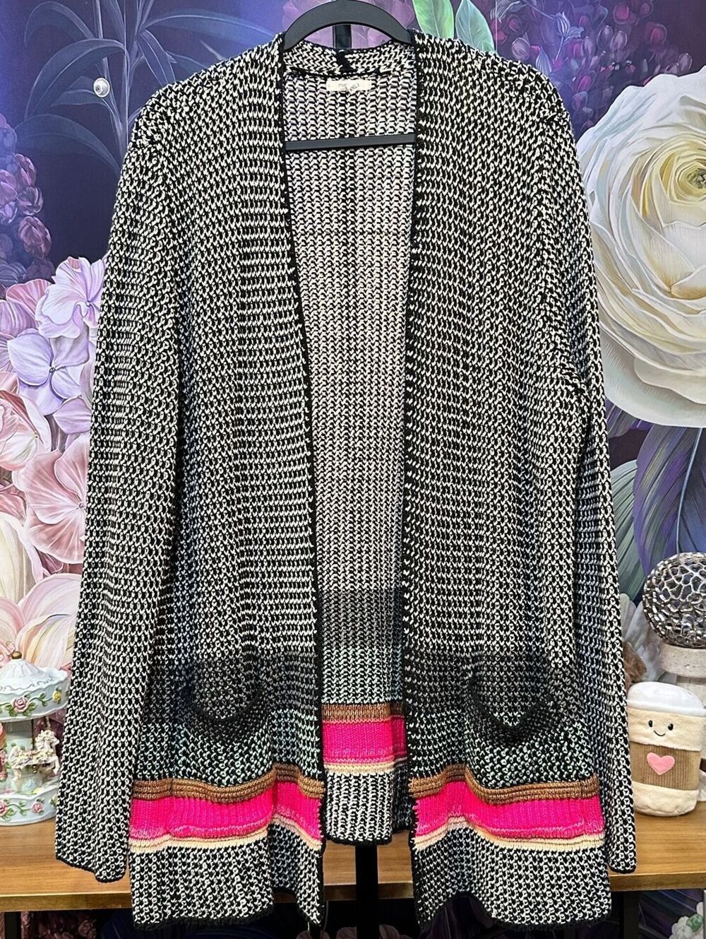 Maurices XXL Black Open Front Cardigan Striped Hem Pockets Long Sleeve Boho